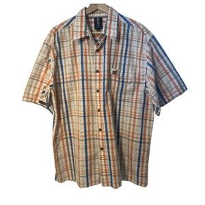 Y2K Phat Farm Mens Plaid Logos Button-Up Short Sleeve Pocket Collared Shirt Lg